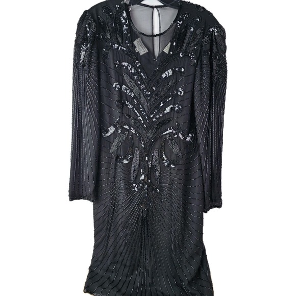 Stenay Womens‎ Vintage Sequin Beaded Silk Dress Size 10 80s Back LS Evening